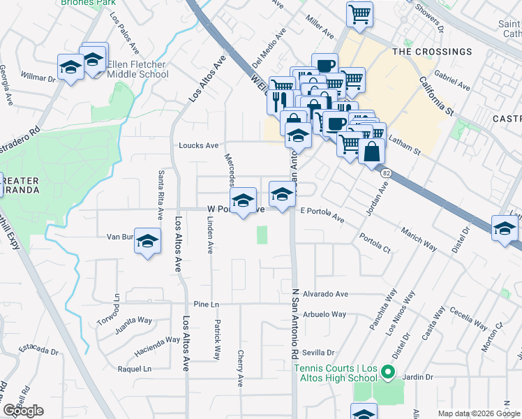 map of restaurants, bars, coffee shops, grocery stores, and more near West Portola Avenue in Los Altos