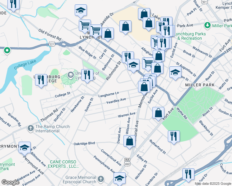 map of restaurants, bars, coffee shops, grocery stores, and more near 298 Langhorne Lane in Lynchburg