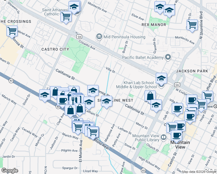 map of restaurants, bars, coffee shops, grocery stores, and more near 1824 California Street in Mountain View