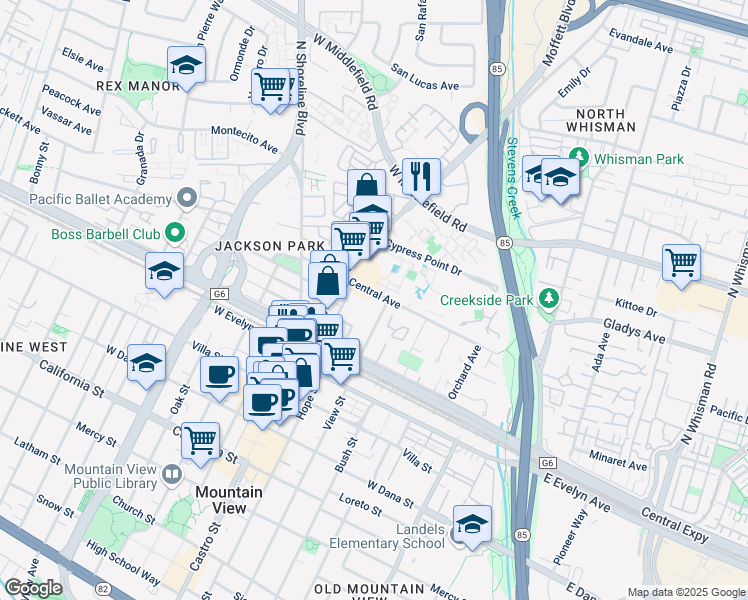 map of restaurants, bars, coffee shops, grocery stores, and more near 505 Central Avenue in Mountain View