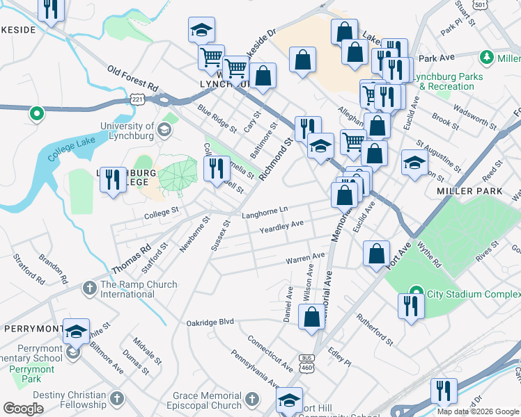 map of restaurants, bars, coffee shops, grocery stores, and more near 313 Langhorne Lane in Lynchburg