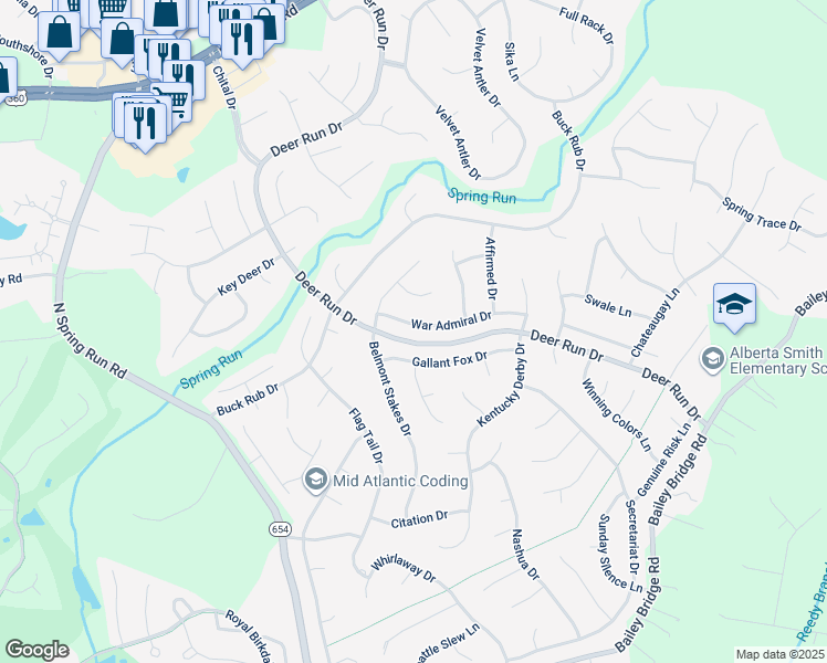 map of restaurants, bars, coffee shops, grocery stores, and more near 13907 War Admiral Drive in Midlothian