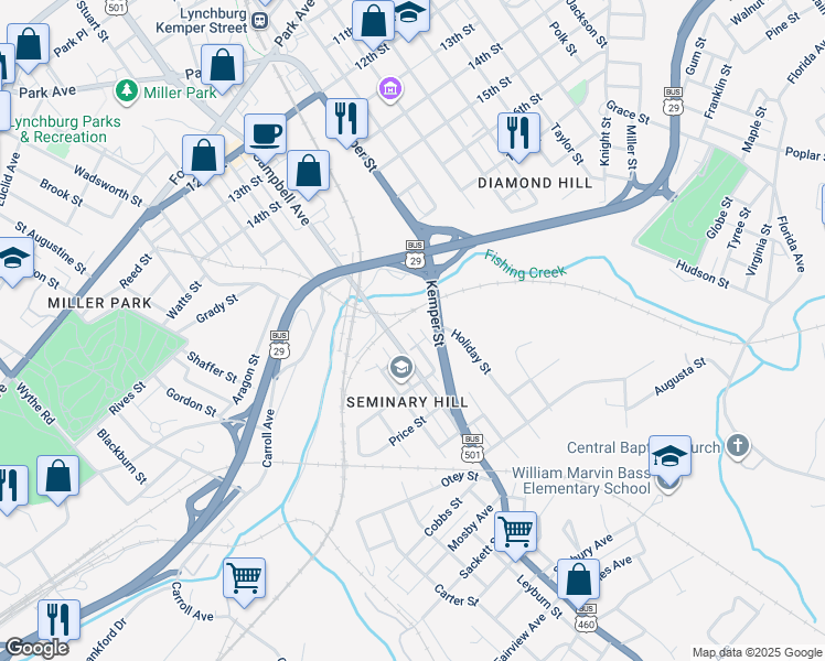 map of restaurants, bars, coffee shops, grocery stores, and more near 2043 Tazewell Avenue in Lynchburg