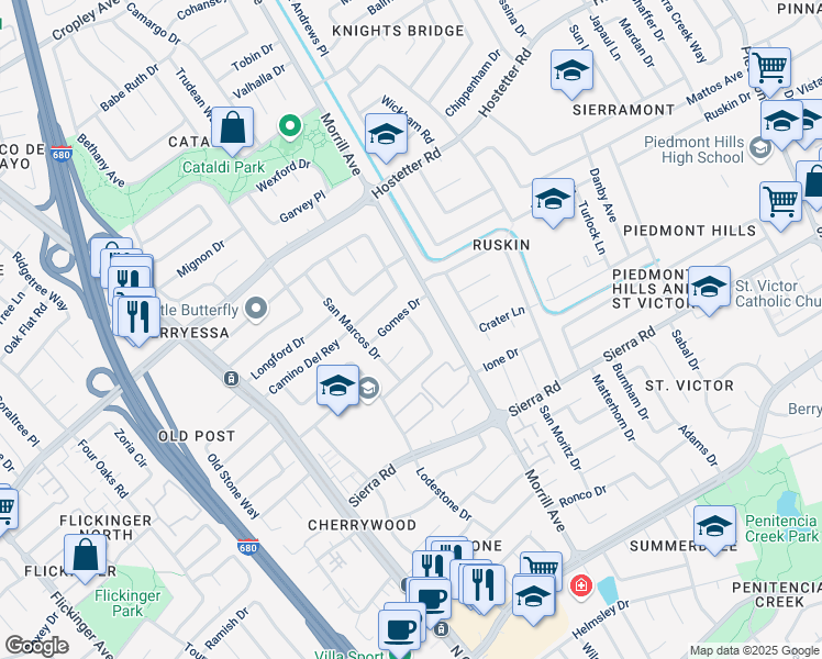 map of restaurants, bars, coffee shops, grocery stores, and more near 2646 San Marcos Court in San Jose