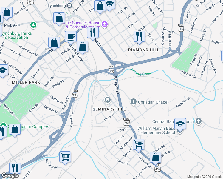 map of restaurants, bars, coffee shops, grocery stores, and more near 2043 Tazewell Avenue in Lynchburg