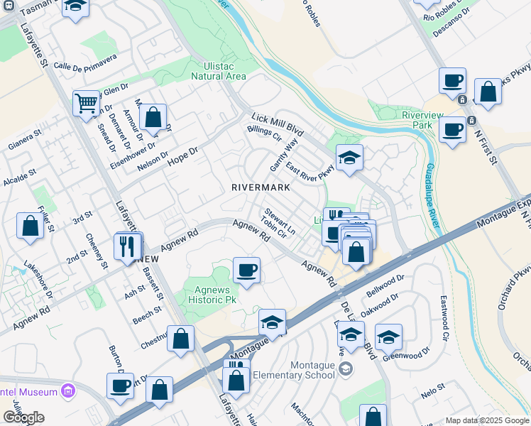 map of restaurants, bars, coffee shops, grocery stores, and more near 4183 Tobin Circle in Santa Clara