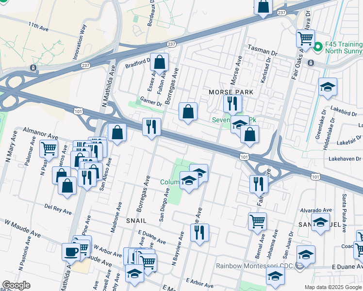 map of restaurants, bars, coffee shops, grocery stores, and more near 297 Alturas Avenue in Sunnyvale