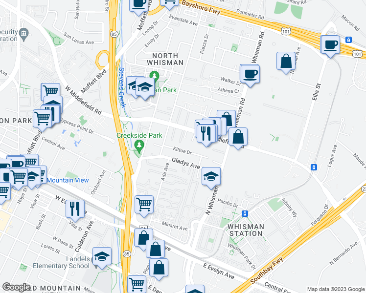 map of restaurants, bars, coffee shops, grocery stores, and more near 127 Kittoe Drive in Mountain View