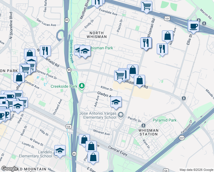 map of restaurants, bars, coffee shops, grocery stores, and more near 127 Kittoe Drive in Mountain View