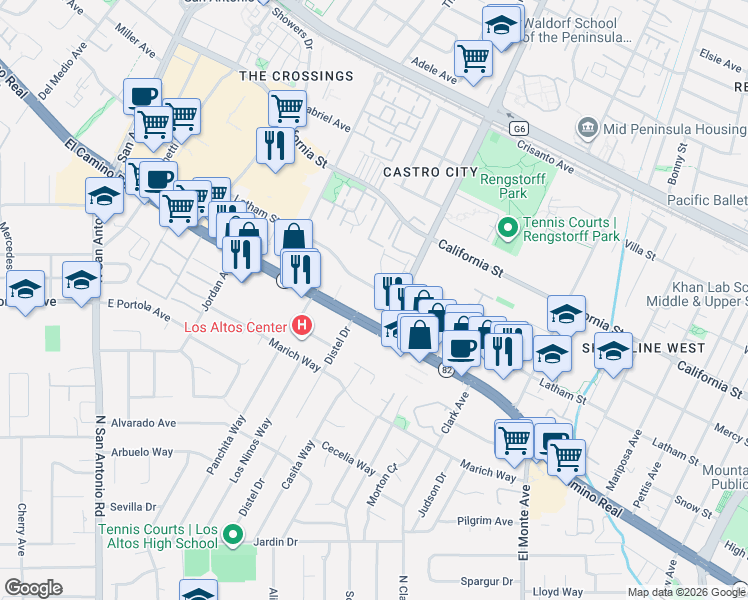 map of restaurants, bars, coffee shops, grocery stores, and more near 2116 California 82 in Mountain View