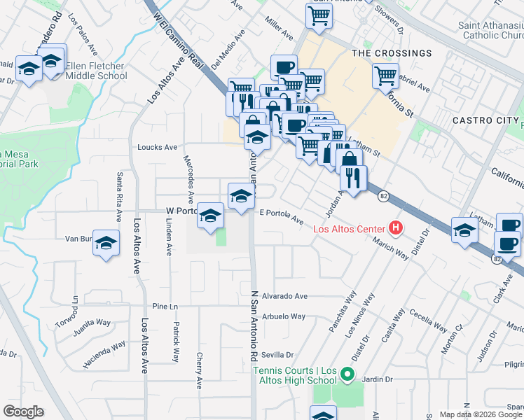 map of restaurants, bars, coffee shops, grocery stores, and more near 42 East Portola Avenue in Los Altos