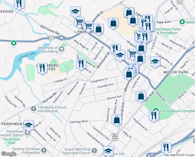 map of restaurants, bars, coffee shops, grocery stores, and more near 313 Langhorne Lane in Lynchburg