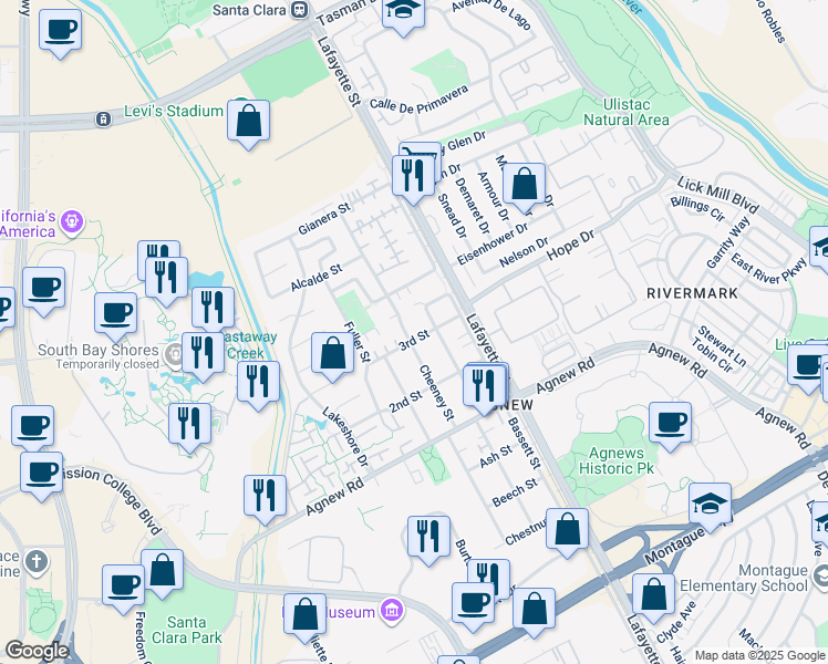 map of restaurants, bars, coffee shops, grocery stores, and more near 4503 Cheeney Street in Santa Clara