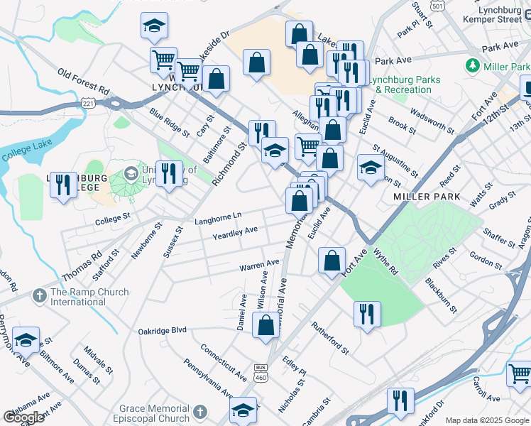 map of restaurants, bars, coffee shops, grocery stores, and more near 115 Langhorne Lane in Lynchburg