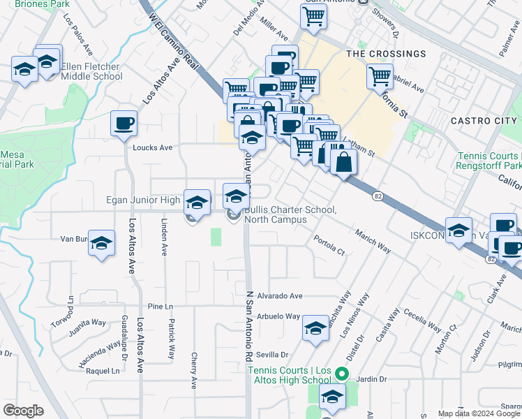 map of restaurants, bars, coffee shops, grocery stores, and more near 39 East Portola Avenue in Los Altos
