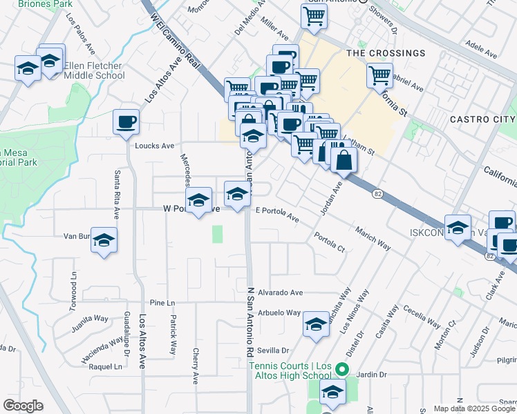 map of restaurants, bars, coffee shops, grocery stores, and more near 29 East Portola Avenue in Los Altos
