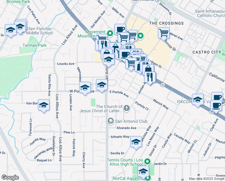 map of restaurants, bars, coffee shops, grocery stores, and more near 39 East Portola Avenue in Los Altos