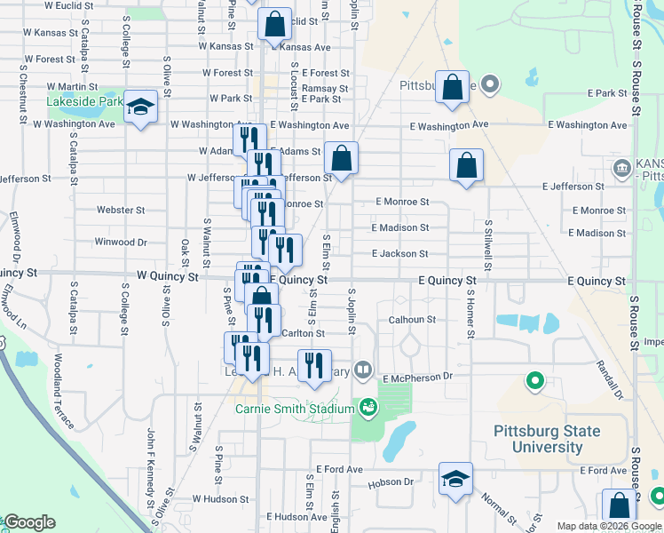 map of restaurants, bars, coffee shops, grocery stores, and more near 213 East Quincy Street in Pittsburg