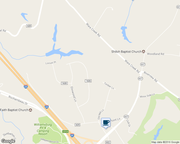 map of restaurants, bars, coffee shops, grocery stores, and more near 123 Tanbark Lane in Williamsburg