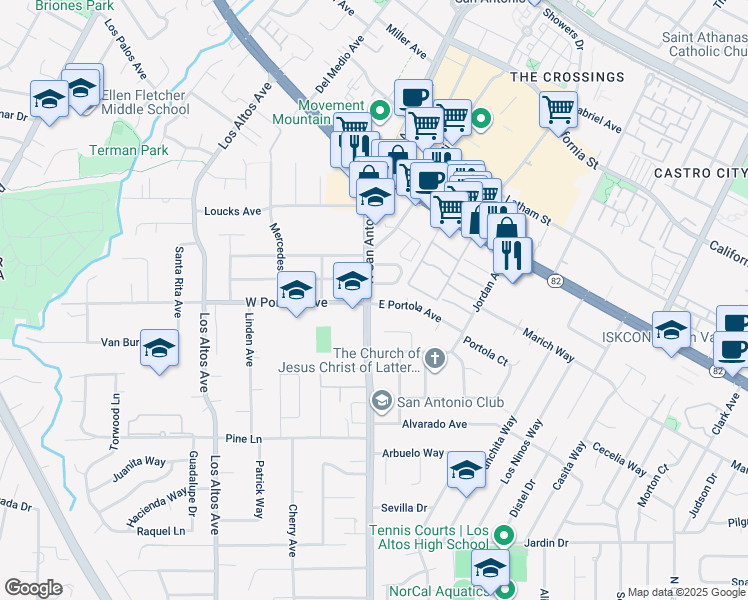 map of restaurants, bars, coffee shops, grocery stores, and more near 805 North San Antonio Road in Los Altos