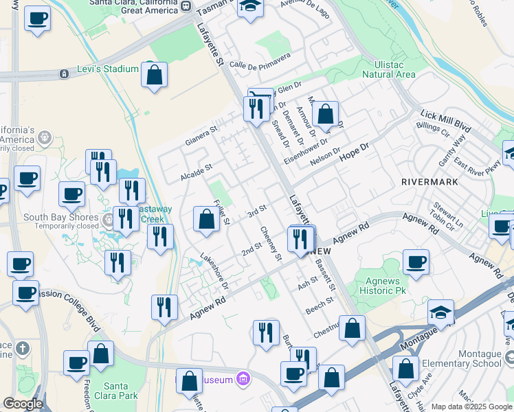 map of restaurants, bars, coffee shops, grocery stores, and more near 4503 Cheeney Street in Santa Clara