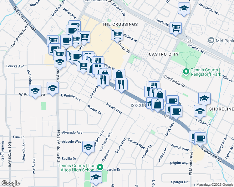 map of restaurants, bars, coffee shops, grocery stores, and more near 330 Distel Drive in Los Altos