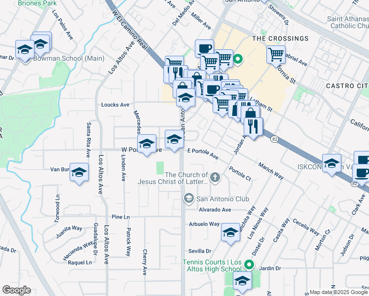 map of restaurants, bars, coffee shops, grocery stores, and more near 805 North San Antonio Road in Los Altos