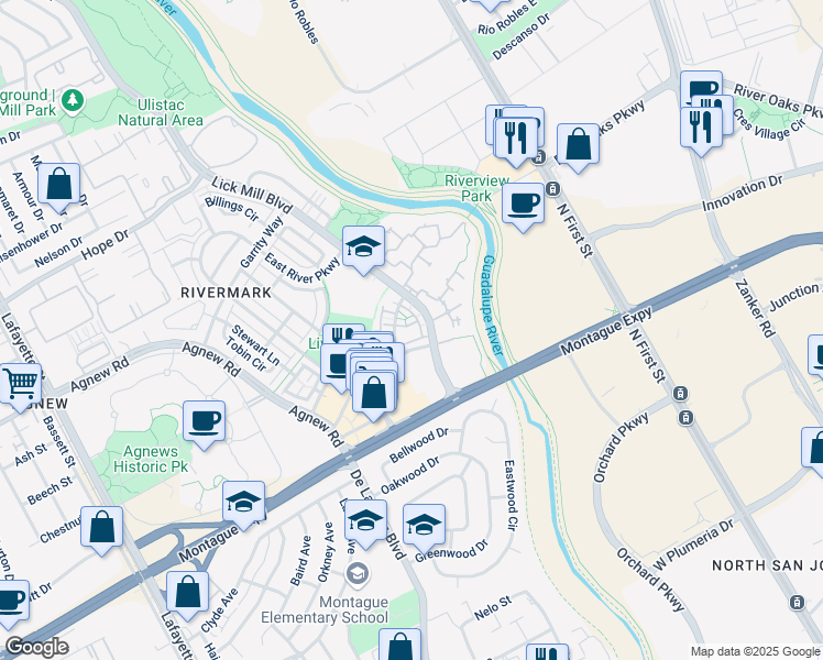 map of restaurants, bars, coffee shops, grocery stores, and more near 4028 Fitzpatrick Way in Santa Clara