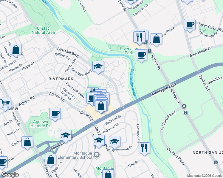 map of restaurants, bars, coffee shops, grocery stores, and more near 531 Moreland Way in Santa Clara