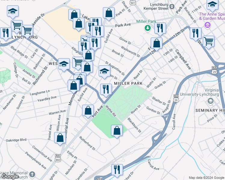 map of restaurants, bars, coffee shops, grocery stores, and more near 2927 Fort Avenue in Lynchburg