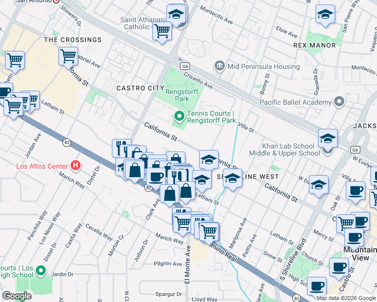 map of restaurants, bars, coffee shops, grocery stores, and more near 1931 California Street in Mountain View