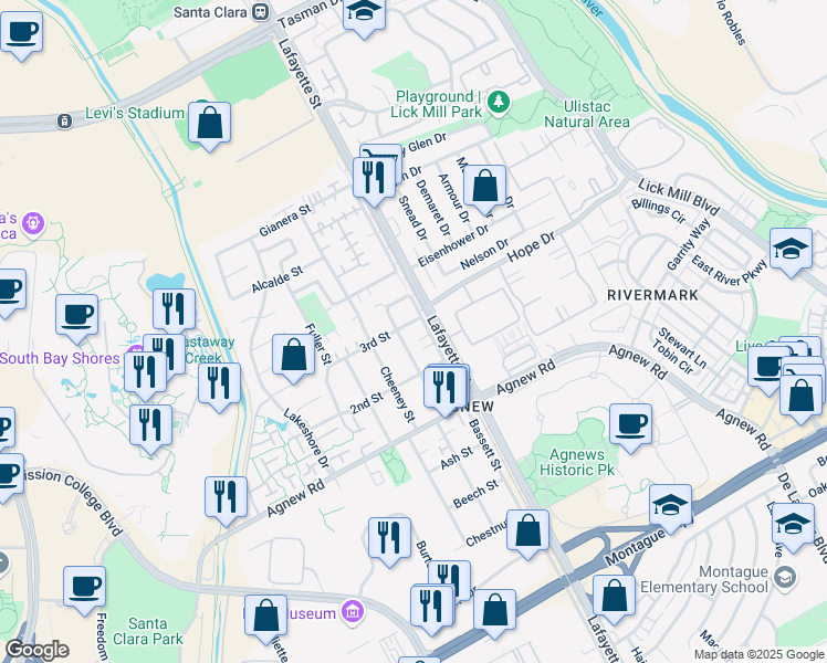 map of restaurants, bars, coffee shops, grocery stores, and more near 4420 Bassett Street in Santa Clara
