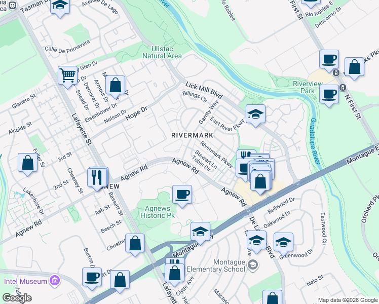 map of restaurants, bars, coffee shops, grocery stores, and more near 4183 Tobin Circle in Santa Clara
