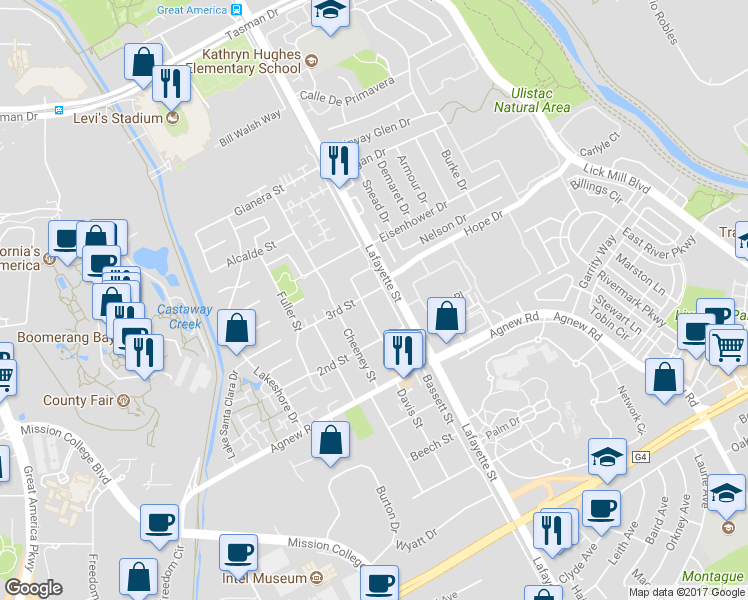 map of restaurants, bars, coffee shops, grocery stores, and more near 4420 Bassett Street in Santa Clara
