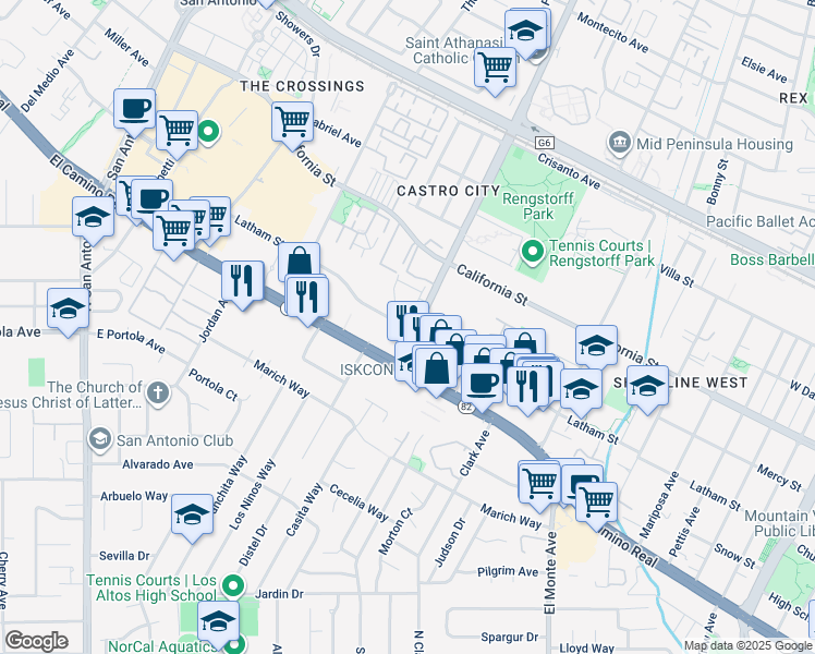 map of restaurants, bars, coffee shops, grocery stores, and more near 2111 Latham Street in Mountain View