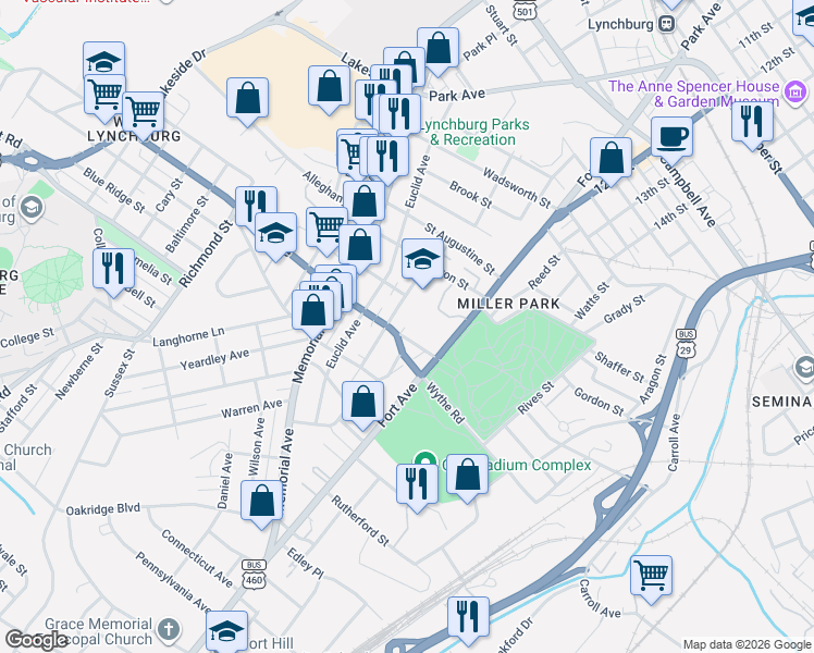 map of restaurants, bars, coffee shops, grocery stores, and more near 1102 Oakley Avenue in Lynchburg