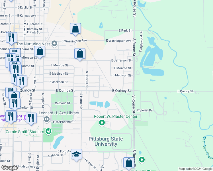 map of restaurants, bars, coffee shops, grocery stores, and more near 909 East Quincy Street in Pittsburg