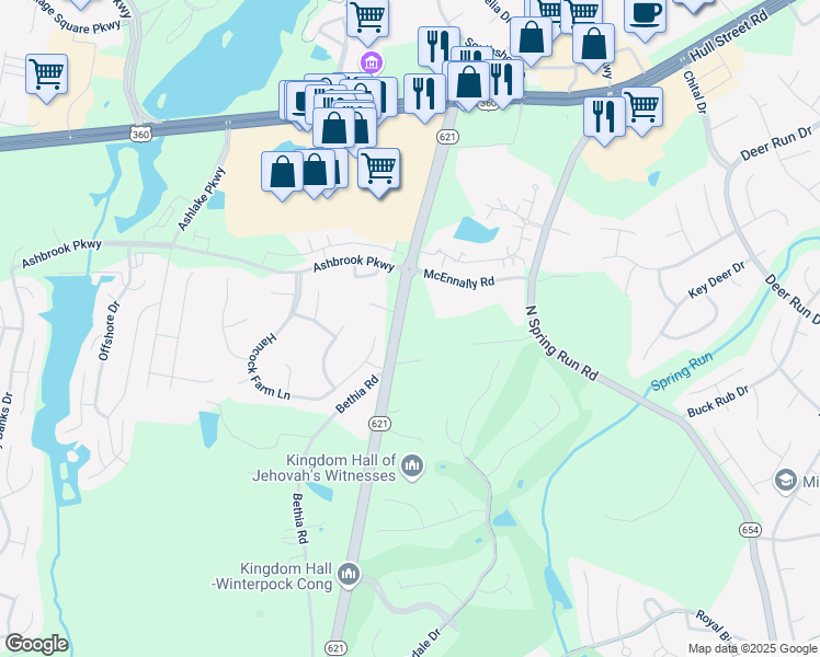 map of restaurants, bars, coffee shops, grocery stores, and more near 7711 Winterpock Road in Chesterfield
