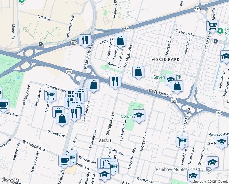 map of restaurants, bars, coffee shops, grocery stores, and more near 801 Borregas Avenue in Sunnyvale
