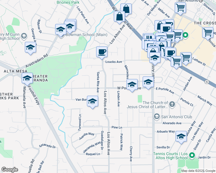 map of restaurants, bars, coffee shops, grocery stores, and more near 315 West Portola Avenue in Los Altos