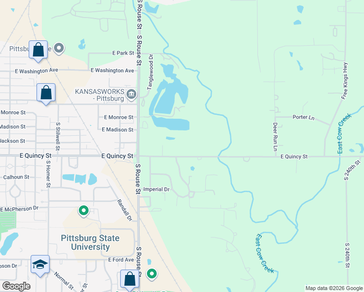 map of restaurants, bars, coffee shops, grocery stores, and more near 1321 East Quincy Street in Pittsburg