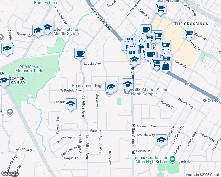 map of restaurants, bars, coffee shops, grocery stores, and more near 155 West Portola Avenue in Los Altos