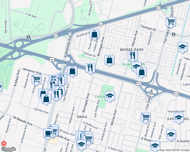 map of restaurants, bars, coffee shops, grocery stores, and more near 232 Alturas Avenue in Sunnyvale