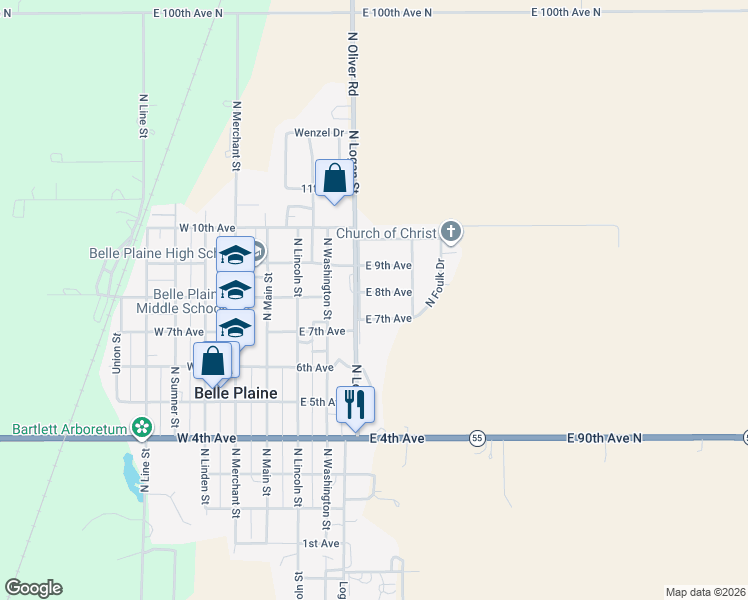 map of restaurants, bars, coffee shops, grocery stores, and more near 500 East 7th Avenue in Belle Plaine