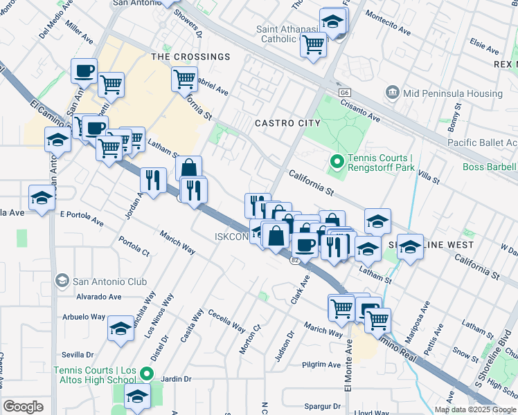 map of restaurants, bars, coffee shops, grocery stores, and more near 598 South Rengstorff Avenue in Mountain View