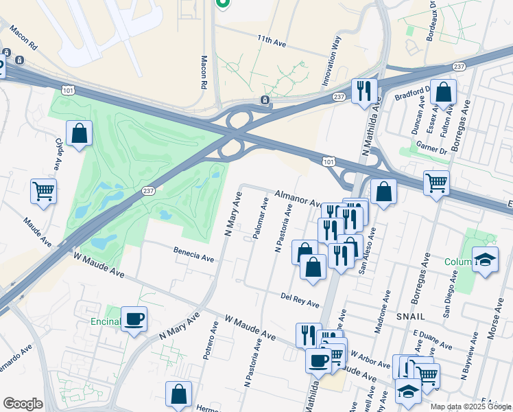 map of restaurants, bars, coffee shops, grocery stores, and more near 800 North Mary Avenue in Sunnyvale
