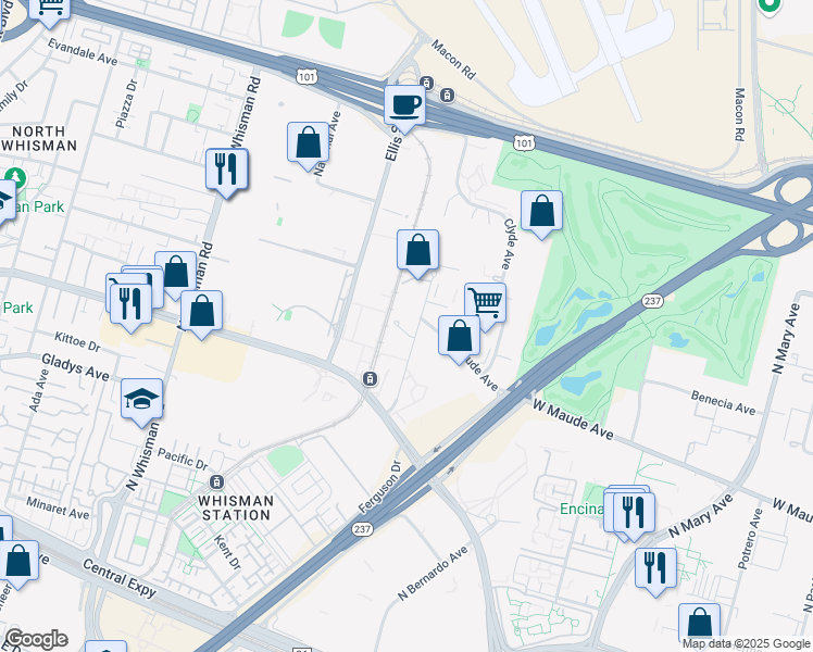 map of restaurants, bars, coffee shops, grocery stores, and more near 351-399 Logue Ave in Mountain View