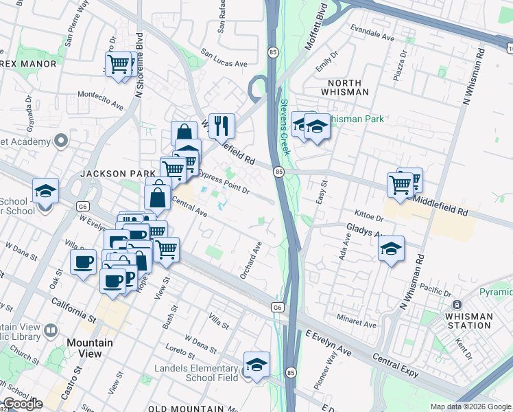 map of restaurants, bars, coffee shops, grocery stores, and more near 336 Central Avenue in Mountain View