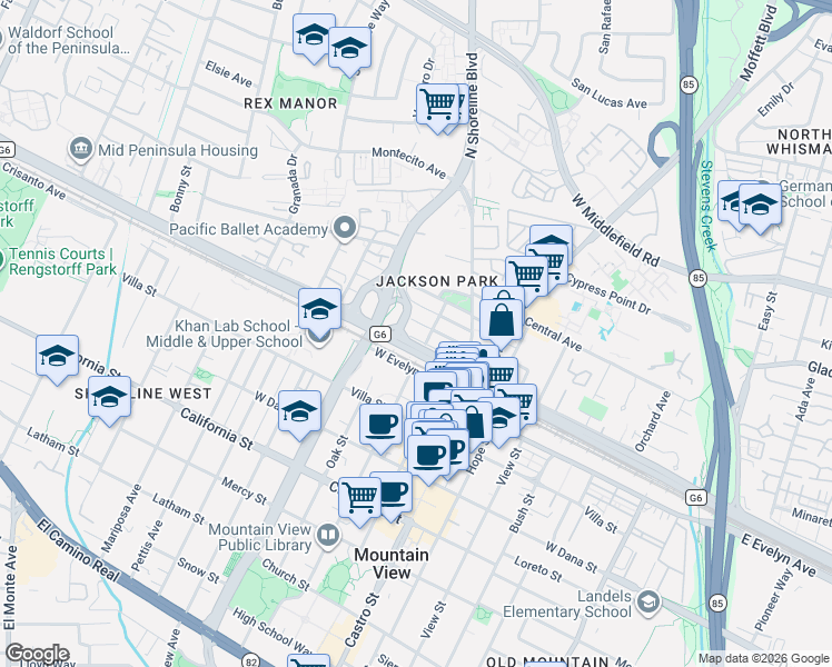 map of restaurants, bars, coffee shops, grocery stores, and more near 178 Elmwood Street in Mountain View