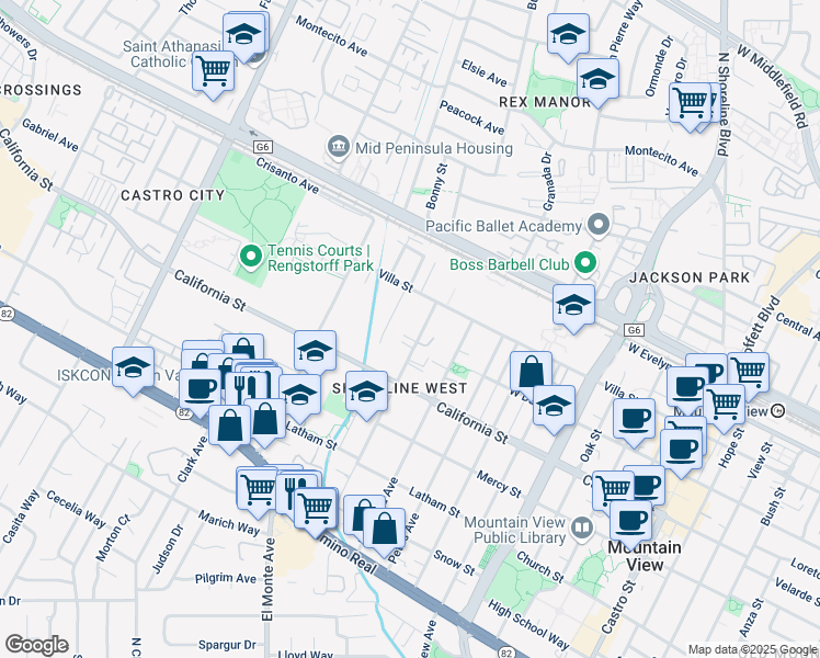 map of restaurants, bars, coffee shops, grocery stores, and more near 323 Higdon Avenue in Mountain View